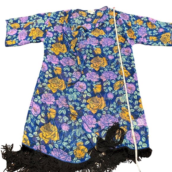 Lularoe Cardigan Women S Blue Floral Black Fringe Monroe Kimono Semi Sheer - Picture 8 of 12